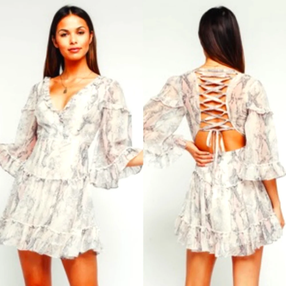 NWT Olivaceous Cream Ruffled Tiered Bell Sleeve Dress Sz. S - Picture 2 of 15